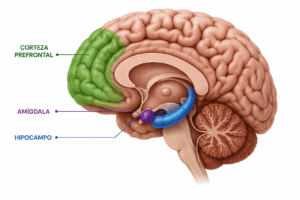 Imagen del cerebro en un plano sagital donde pueden observarse la corteza prefrontal, la amígdala y el hipocampo